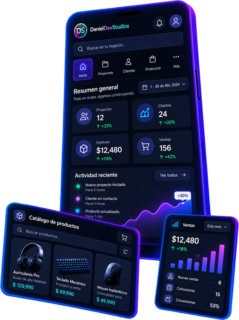 Interfaces conceptuales de un panel de gestión, un catálogo de productos y un resumen de ventas.