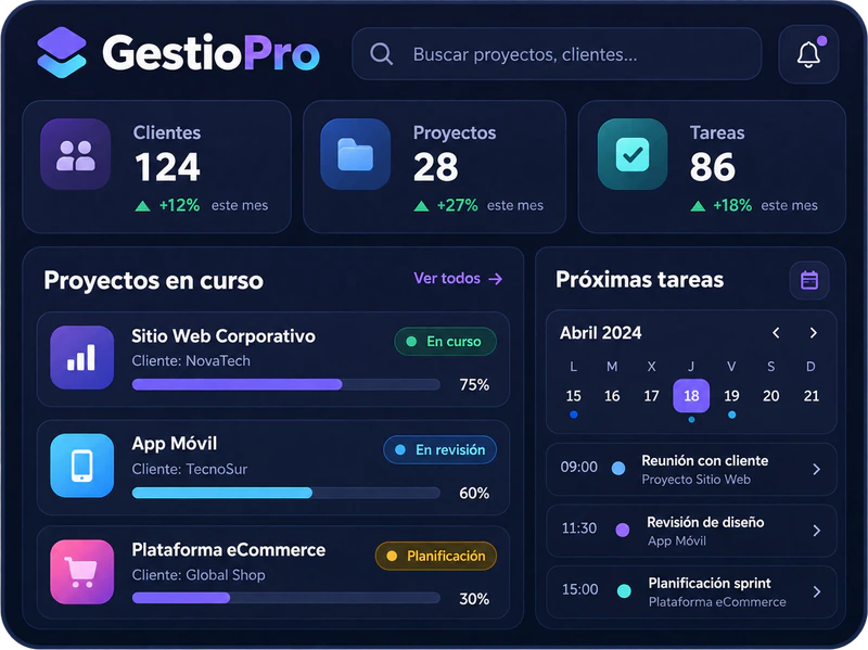 Vista conceptual del panel de gestión GestioPro.